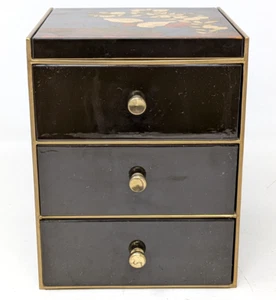 Vintage Otagiri Black Lacquerware 3 Drawer Floral Bird Mirror Jewelry Box Japan - Picture 1 of 9