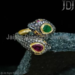 Pflastern Diamant Smaragd Rubin Doppel Schlange Ring Sterlingsilber Vintage Look - Bild 1 von 10