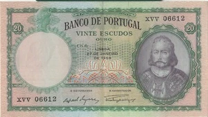 PORTUGAL BANKNOTE 20 P153b 1959  AU - 1/6 SIG VARIATIONS DUQUE/SILVA - Picture 1 of 2