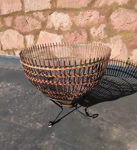 Vintage FRANCO ALBINI Bamboo Fish Trap Basket Glass Top Table on W.I. Base Cover