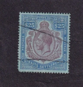 STRAITS SETTLEMENTS 1921 KGV $25 purple & blue on blue, HAND CANCEL Rare genuine - Picture 1 of 2
