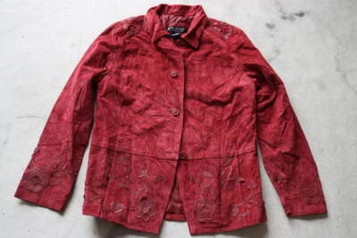 Vintage Dialogue Leather Jacket Womens XS Red Wine Color Flowers - Image 1 of 4