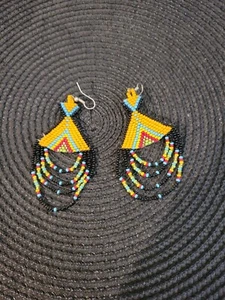 Indian Seed Bead Earrings 3" Long. Hand Made. - Picture 1 of 4
