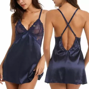 Women Sexy Lingerie Faux Satin Dress Babydoll Nightdress Nightgown Sleepwear US - Picture 1 of 23