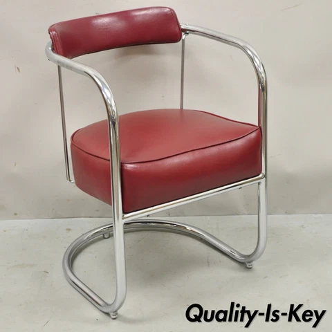 Lloyd Kem Weber Tubular Chrome Steel Red Vinyl Cantilever Arm Chair Cover