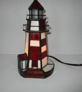 Stained Glass Red White Lighthouse Accent Light Nautical Lamp 9" H - Picture 1 of 6
