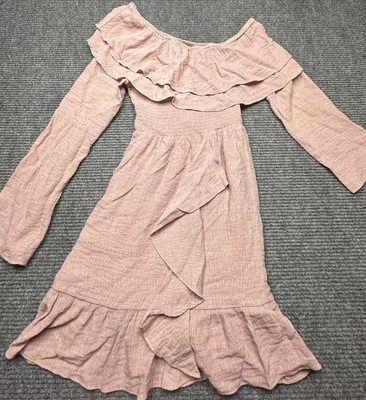 Wish Senna Dress Womens Small Pink Off Shoulder Long Sleeve Ruffle Boho Rayon - Image 1 of 4