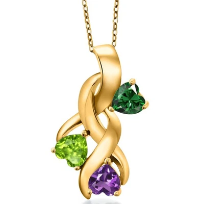 18K Yellow Gold Plated Silver Nano Emerald and Peridot and Amethyst Pendant For - Image 1 of 4
