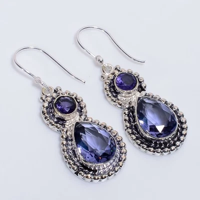 Pendientes de plata de ley 925 hechos a mano con piedras preciosas de iolita estilo vintage 2" u502 Foto 1 de 4