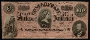 1864 100 $ Konföderierte Staaten von Amerika ANTIKER Schein! SCHÖN KNACKIG EXTRA FEIN - Bild 1 von 2