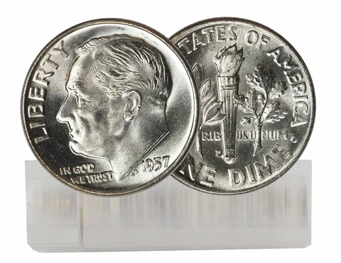 1957-D BU Silver Roosevelt Dime 50-Coin Roll Cover