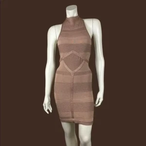 ARDEN B Brown Tan Metallic Sparkle BodyCon Bandage Dress Cut Out Back Medium EUC - Picture 1 of 10