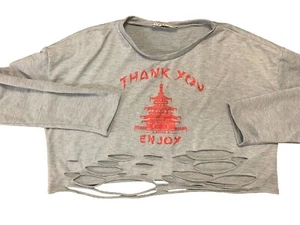 Chinese Take Out Box “Thank You Enjoy”Women’s Size Medium Shirt Cropped Gray Sex - Picture 1 of 6
