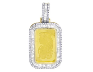 Men 24K Yellow Gold Lady Fortuna Bar Real Diamond Baguette Pendant 1.5" 0.93C... - Picture 1 of 5