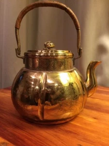 Teapot Brass Asian in Style 1 cup woven wicker handle Vintage - Picture 1 of 12