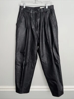 Vintage Leather Pants Womens 14 Black Charles Klein High Rise Retro Chic Pleated - Image 1 of 4