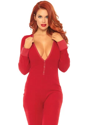 Acogedor Leg Avenue acanalado cepillado largo Johns con solapa trasera, rojo, mediano/grande Foto 1 de 2