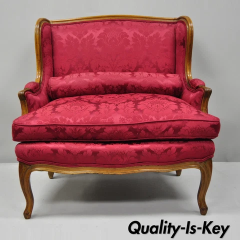 French Country Louis XV Style Carved Mahogany Burgundy Wingback Settee Sofa Cover