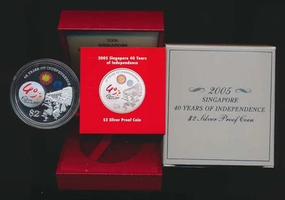 Singapur: Moneda de prueba de plata color 40 aniversario de la independencia 2005 $2  Foto 1 de 2