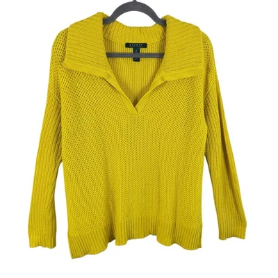 Suéter tejido gofre cuello amarillo brillante mezcla algodón Lauren Ralph Lauren talla M Foto 1 de 4