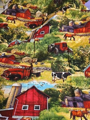 Farm Country Barn Horse Red Truck Cow Tractor Cotton Fabric By The Yard Silo  - Image 1 of 4