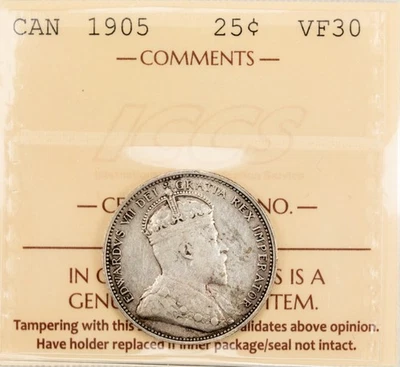 Canada 1905 25 Cents Quarter Silver Coin - ICCS VF-30 - Image 1 of 4
