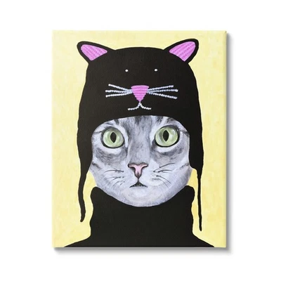 Grey Cat Hat Black Turtleneck Yellow Background Design by Coco de Paris - Image 1 of 4