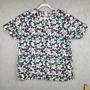 Butterfly Print Scrub Top Shirt Womens Large Multi Color Cotton Medical Uniform - Picture 1 of 11