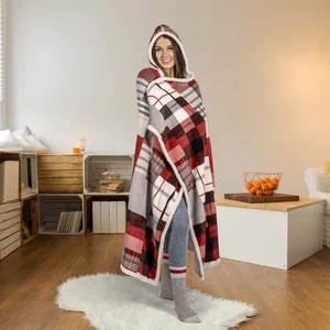 Hooded throw wearable blanket red  and white squares - Picture 1 of 6