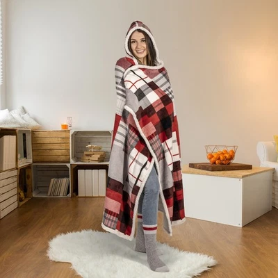 Hooded throw wearable blanket red  and white squares - Image 1 of 4
