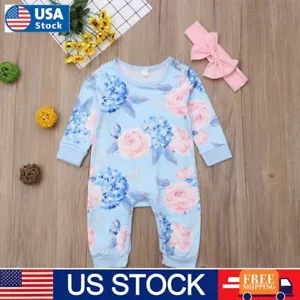 Newborn Kids Baby Girls Floral Bodysuit Outfits Romper Jumpsuit + Headwear Set - Picture 1 of 11
