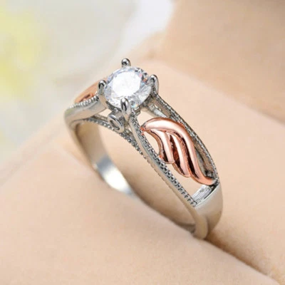 Special Angel's Wing White Fire Topaz Rose Gold Plated Silver Band Ring Sz 6-10 - Image 1 of 4