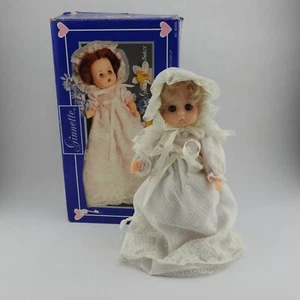 Vintage VOGUE GINNETTE BABY DOLL 8.5" White Dress Blonde Hair Box Metal Stand - Picture 1 of 6