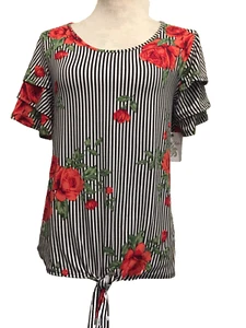 Wilde Striped Floral Top, Small, Triple Tier Layer Flare Sleeves, Stretch, NWT - Picture 1 of 9