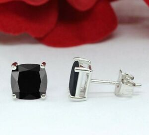 3 ct Black Cushion Cut Onyx Men's Solitaire 4 Prong Stud Earring Sterling Silver