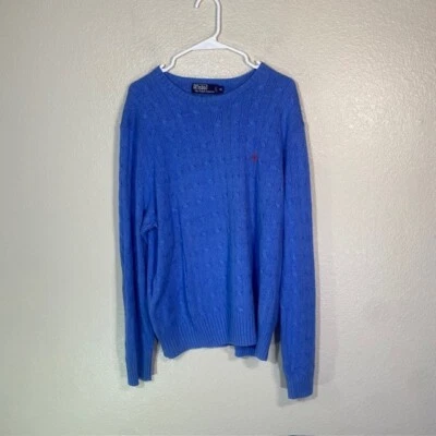 Polo Ralph Lauren свитер мужчин XL синий кабель трикотажа ворота шелк длинным рукавом винтажный - Изображение 1 из 4
