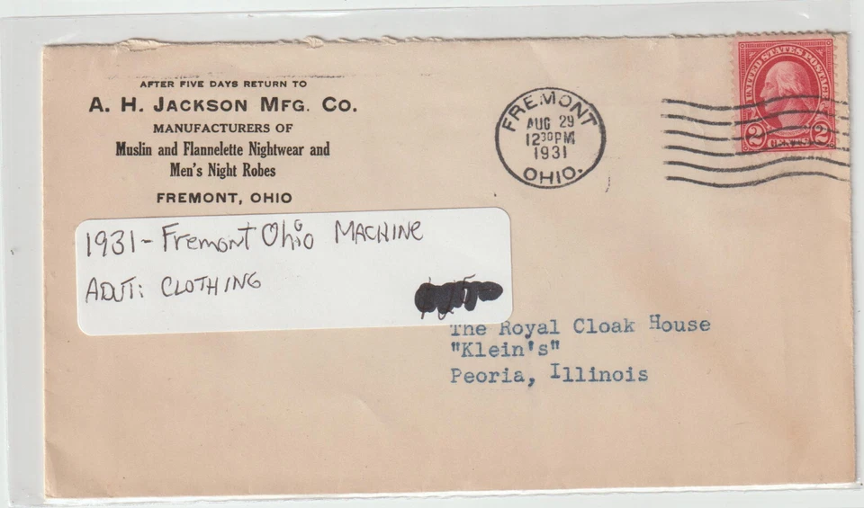 Fremont Ohio 1931 machine cancel Advt Clothing AH JACKSON MFG Co (A94) - Image 1 of 1