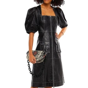 Contrast Stich Style Women Maxi Leather Dress Genuine Leather Black Dress Zara - Picture 1 of 6