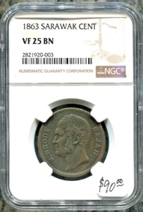 SARAWAK -  BEAUTIFUL HISTORICAL J BROOKE RAJAH 1 CENT, 1863, NGC GRADED VF 25 BN - Picture 1 of 4