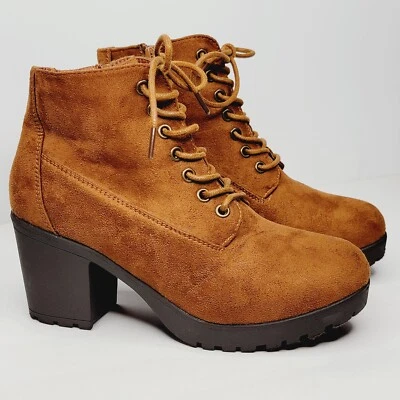 Forever Women Boots Size 8.5M Brown Suede 3" Block Heel Lace Zip Chunky Lug Sole - Image 1 of 4