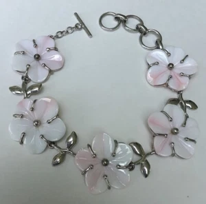 Vintage 9” Angel Skin Coral Peach Carved Flower Sterling Silver Toggle Bracelet - Picture 1 of 12