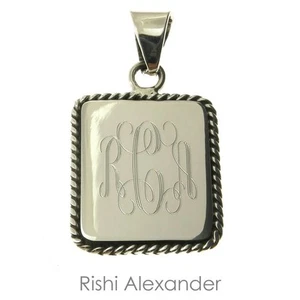 925 Sterling Silver Rectangular Rope Edge Monogram Personalized Pendant - Picture 1 of 4
