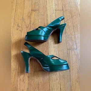 40s Vintage Green Leather Platform Peep-Toe Slingback Pumps - Picture 1 of 12