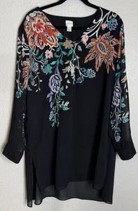 Chicos 3 US XL Black Embroidered Floral Sheer Blouse Tunic Overlay Bodice Lined - Picture 1 of 9