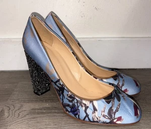J. Crew Multicolor Glitter Heels Pump Blue Fabric Floral Italy Size 7 1/5 - Picture 1 of 11
