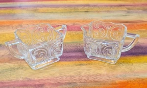 ⭐VTG Imperial Glass Cream & Sugar Set Retro Scroll Swirl Square Stackable dish - Picture 1 of 11