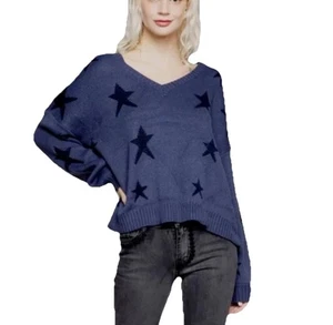 POL Blau Strickpullover Damen Medium Sternenmuster Oversize V-Ausschnitt Langarm - Bild 1 von 7