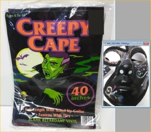 NOS Halloween Costume Black Goth Cape Cosplay 40” W/ Rare Mardi Gras Mask Combo - Picture 1 of 13