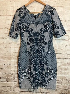 Yoana Baraschi Dress Womens 6 Navy Blue All Over Floral Sheath Half Sleeve Zip - Picture 1 of 14