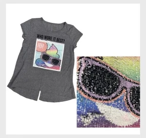 Girl’s Arizona Sequins Emoji Shirt Slit Back Gray Size L 14.5/16.5 Hi Sunglasses - Picture 1 of 6